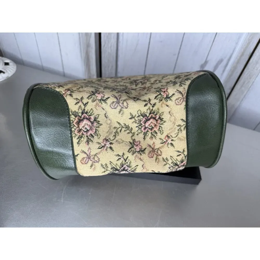 Vintage Tapestry Handbag Floral Petit Point Top Handle Purse 60s-70s Green Vinyl